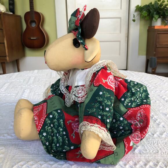 Handmade Country Christmas Moose Doll 16” Patchwork Lace Dress Farmhouse Decor - Picture 5 of 16